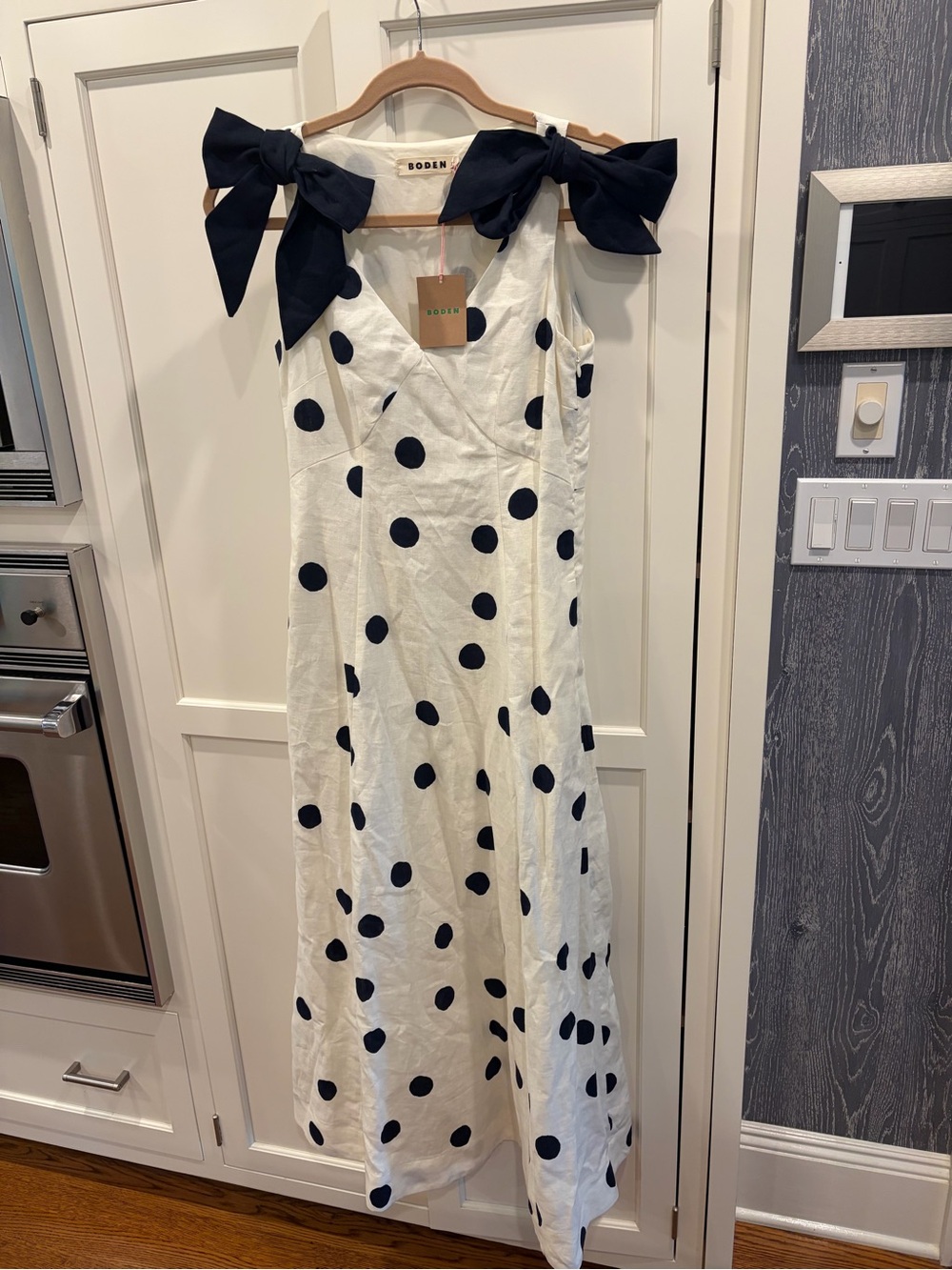Boden White Maxi Dress with Black Polka Dots and Shoulder Bows